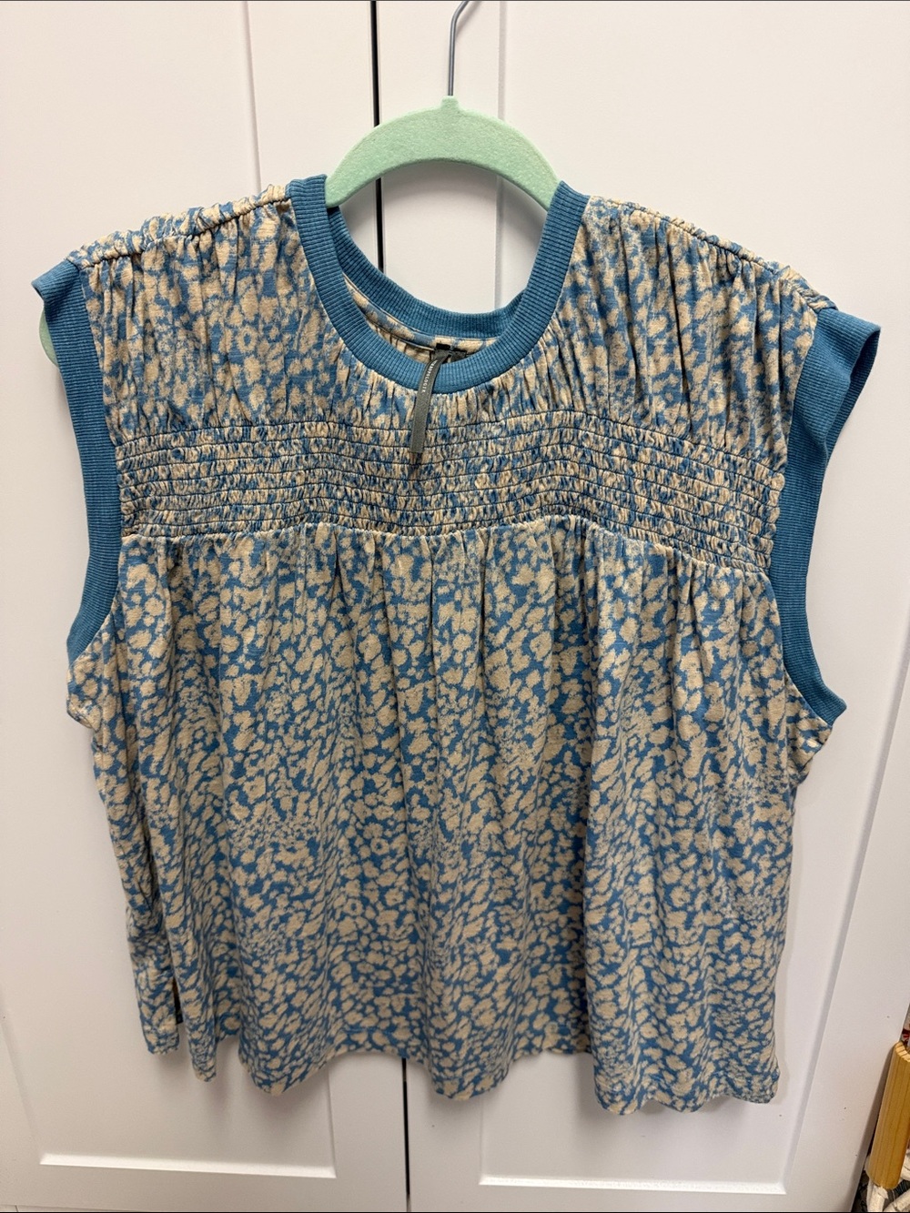 Anthropologie Blue and Cream Smocked Yoke Sleeveless Tank